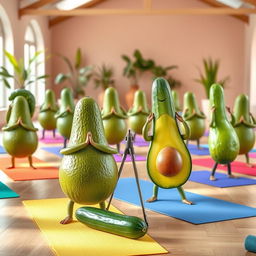 A lively scene featuring a group of realistic avocados and cucumbers practicing yoga on bright, colorful yoga mats inside a spacious yoga center