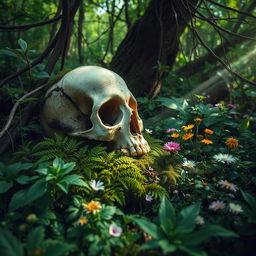 A captivating scene set in a lush, green forest, dominated by a vibrant forest green color scheme