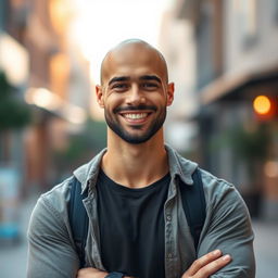 A bald man resembling the user's features, standing confidently with a warm smile, wearing a casual outfit