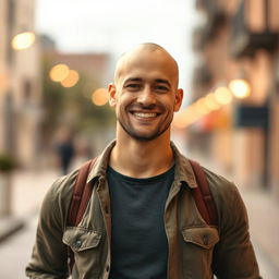 A bald man resembling the user's features, standing confidently with a warm smile, wearing a casual outfit