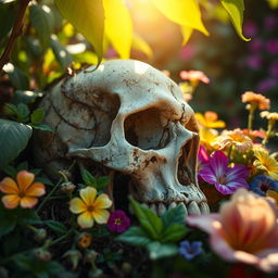 A striking close-up scene of a deteriorating skull, partially buried among lush green plants and vibrant flowers