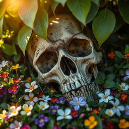 A striking close-up scene of a deteriorating skull, partially buried among lush green plants and vibrant flowers