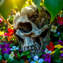 A striking close-up scene of a deteriorating skull, partially buried among lush green plants and vibrant flowers