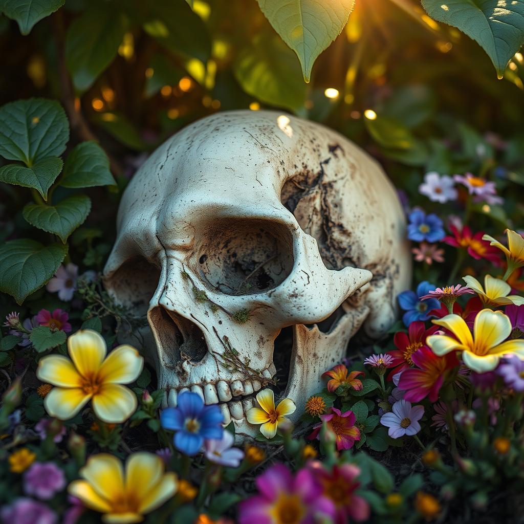 A striking close-up scene of a deteriorating skull, partially buried among lush green plants and vibrant flowers