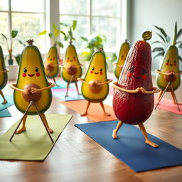 A vibrant scene depicting a group of realistic avocados and cucumbers engaging in yoga poses on colorful yoga mats inside a bright yoga center