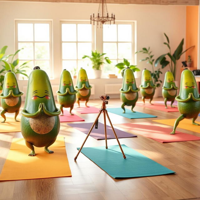 A vibrant scene depicting a group of realistic avocados and cucumbers engaging in yoga poses on colorful yoga mats inside a bright yoga center