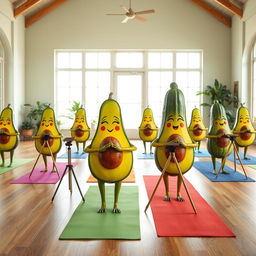 A vibrant scene depicting a group of realistic avocados and cucumbers engaging in yoga poses on colorful yoga mats inside a bright yoga center