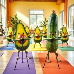 A vibrant scene depicting a group of realistic avocados and cucumbers engaging in yoga poses on colorful yoga mats inside a bright yoga center