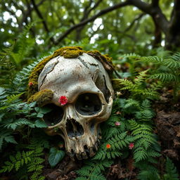 A hauntingly beautiful scene featuring a deteriorating skull resting amidst lush greenery and an array of vibrant plants