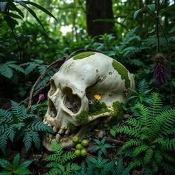 A hauntingly beautiful scene featuring a deteriorating skull resting amidst lush greenery and an array of vibrant plants