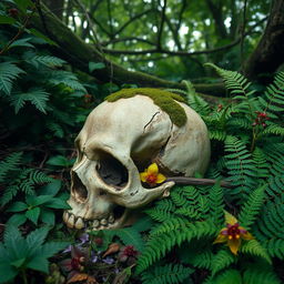 A hauntingly beautiful scene featuring a deteriorating skull resting amidst lush greenery and an array of vibrant plants