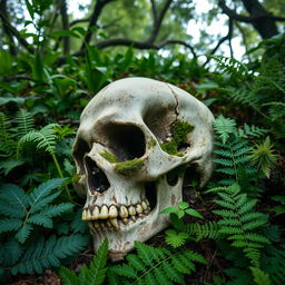 A hauntingly beautiful scene featuring a deteriorating skull resting amidst lush greenery and an array of vibrant plants