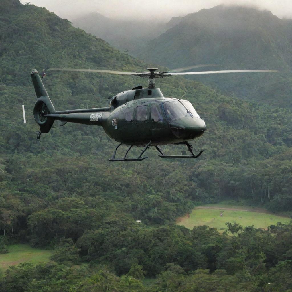 Add to the scene an ACU-branded helicopter arriving in Isla Nublar, its blades whirling above the lush landscape of Jurassic Park. It lands, moving past dinosaurs and the iconic visitor center, overseen by John Hammond.