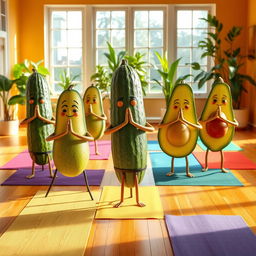 A delightful scene showcasing a group of realistic cucumbers and avocados practicing yoga together on colorful yoga mats inside a bright and inviting yoga center