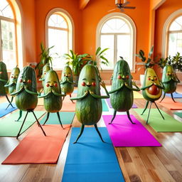 A delightful scene showcasing a group of realistic cucumbers and avocados practicing yoga together on colorful yoga mats inside a bright and inviting yoga center