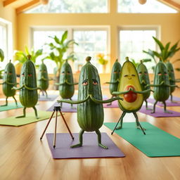 A delightful scene showcasing a group of realistic cucumbers and avocados practicing yoga together on colorful yoga mats inside a bright and inviting yoga center