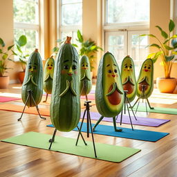 A delightful scene showcasing a group of realistic cucumbers and avocados practicing yoga together on colorful yoga mats inside a bright and inviting yoga center