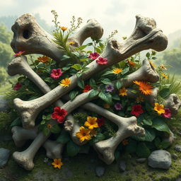 A stunning piece of digital art featuring a composition of deteriorating bones intertwined with lush green plants