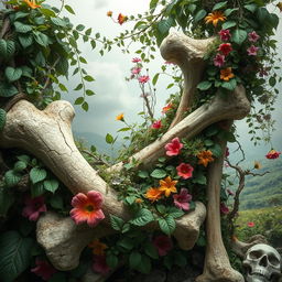 A stunning piece of digital art featuring a composition of deteriorating bones intertwined with lush green plants