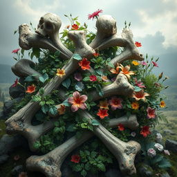 A stunning piece of digital art featuring a composition of deteriorating bones intertwined with lush green plants