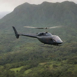 Add to the scene an ACU-branded helicopter arriving in Isla Nublar, its blades whirling above the lush landscape of Jurassic Park. It lands, moving past dinosaurs and the iconic visitor center, overseen by John Hammond.