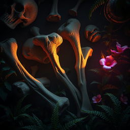 A captivating piece of digital art depicting deteriorating bones surrounded by lush plants in a dark, mysterious environment