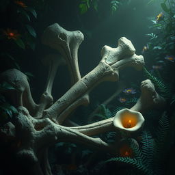 A captivating piece of digital art depicting deteriorating bones surrounded by lush plants in a dark, mysterious environment