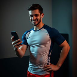 A charismatic and sexy man dressed in a form-fitting soccer uniform, exuding confidence and charm as he holds a phone in one hand