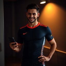 A charismatic and sexy man dressed in a form-fitting soccer uniform, exuding confidence and charm as he holds a phone in one hand