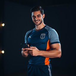 A charismatic and sexy man dressed in a form-fitting soccer uniform, exuding confidence and charm as he holds a phone in one hand