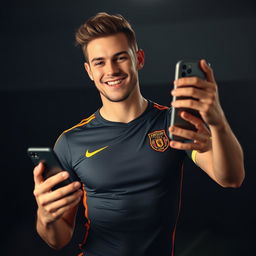 A charismatic and sexy man dressed in a form-fitting soccer uniform, exuding confidence and charm as he holds a phone in one hand