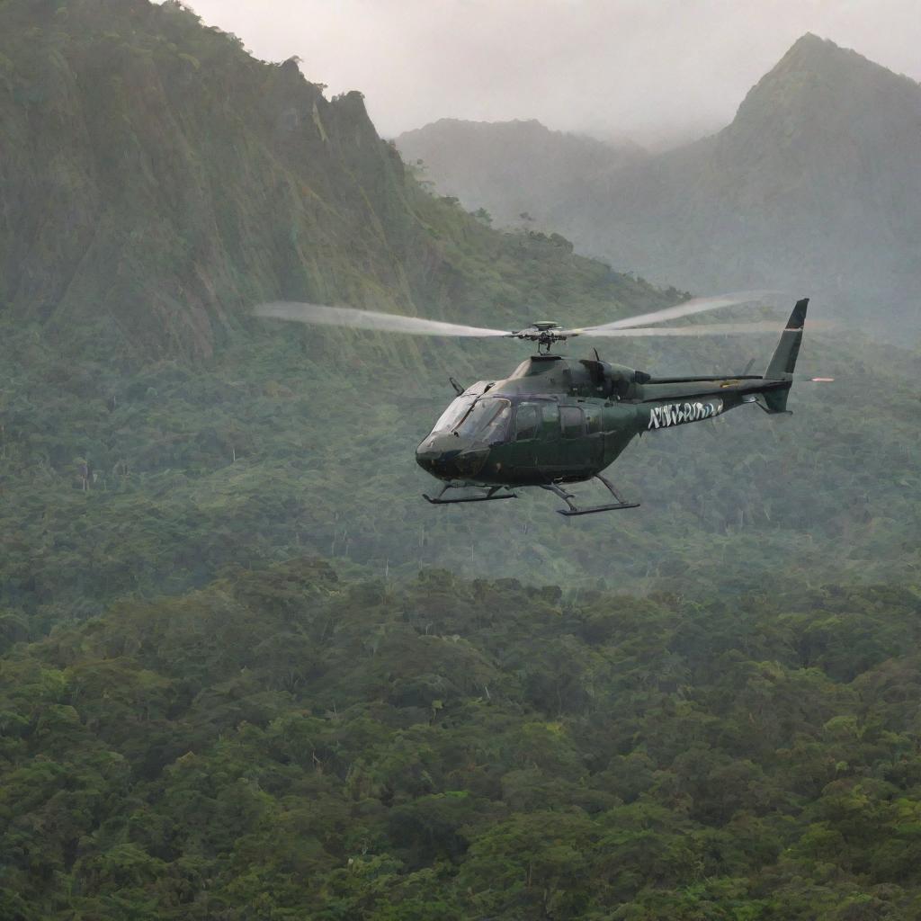 Add to the scene an ACU-branded helicopter arriving in Isla Nublar, its blades whirling above the lush landscape of Jurassic Park. It lands, moving past dinosaurs and the iconic visitor center, overseen by John Hammond.