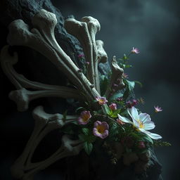 A mesmerizing piece of digital art depicting deteriorating bones intricately entwined with various plants, set against a dark and mysterious backdrop