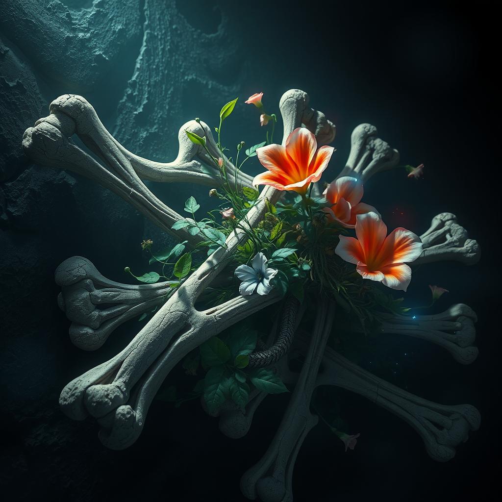 A mesmerizing piece of digital art depicting deteriorating bones intricately entwined with various plants, set against a dark and mysterious backdrop