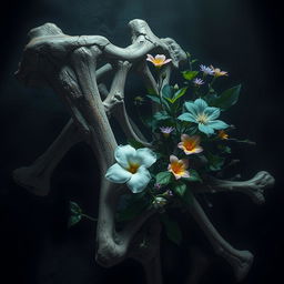 A mesmerizing piece of digital art depicting deteriorating bones intricately entwined with various plants, set against a dark and mysterious backdrop