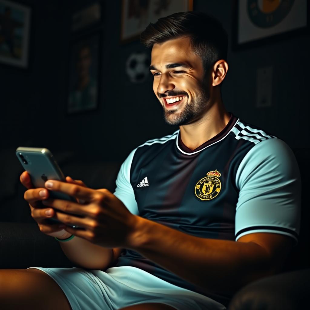 A handsome, sexy man dressed in a stylish soccer uniform, watching his phone with a bright, engaging smile