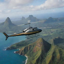 Introduce an InGen-branded helicopter cresting over Isla Nublar's horizon towards Jurassic Park. The majestic flight stirs awe as it passes over the diverse dinosaur habitats, the visitor center, and lands near John Hammond.