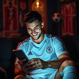 A handsome, sexy man dressed in a stylish soccer uniform, watching his phone with a bright, engaging smile