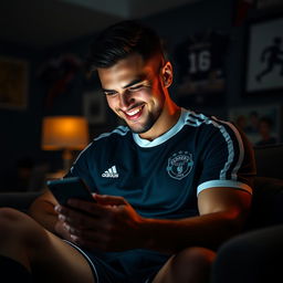 A handsome, sexy man dressed in a stylish soccer uniform, watching his phone with a bright, engaging smile