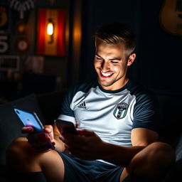 A handsome, sexy man dressed in a stylish soccer uniform, watching his phone with a bright, engaging smile