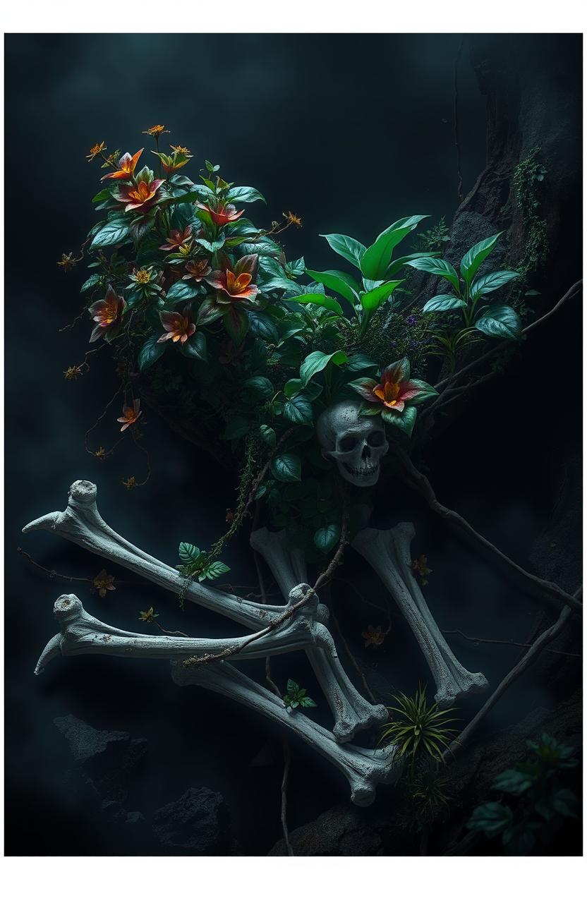 A dark and moody digital artwork depicting a surreal scene with lush, vibrant plants intertwined with deteriorating bones