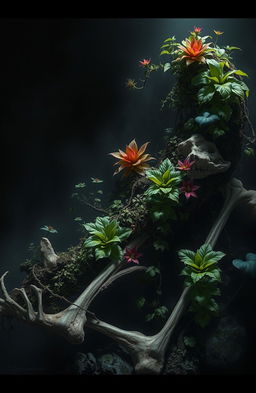 A dark and moody digital artwork depicting a surreal scene with lush, vibrant plants intertwined with deteriorating bones