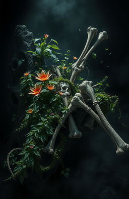 A dark and moody digital artwork depicting a surreal scene with lush, vibrant plants intertwined with deteriorating bones