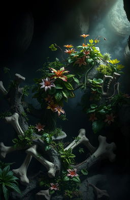 A dark and moody digital artwork depicting a surreal scene with lush, vibrant plants intertwined with deteriorating bones