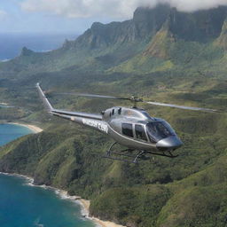 Introduce an InGen-branded helicopter cresting over Isla Nublar's horizon towards Jurassic Park. The majestic flight stirs awe as it passes over the diverse dinosaur habitats, the visitor center, and lands near John Hammond.