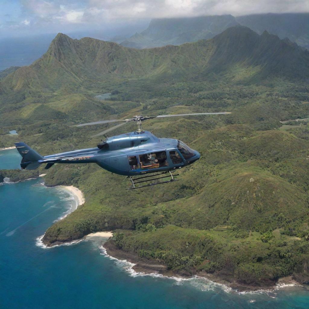 Introduce an InGen-branded helicopter cresting over Isla Nublar's horizon towards Jurassic Park. The majestic flight stirs awe as it passes over the diverse dinosaur habitats, the visitor center, and lands near John Hammond.