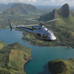 Introduce an InGen-branded helicopter cresting over Isla Nublar's horizon towards Jurassic Park. The majestic flight stirs awe as it passes over the diverse dinosaur habitats, the visitor center, and lands near John Hammond.