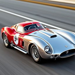 A stunning hybrid race car design merging the classic features of a 1955 Maserati 200SI with the sleek elements of a Ferrari 860