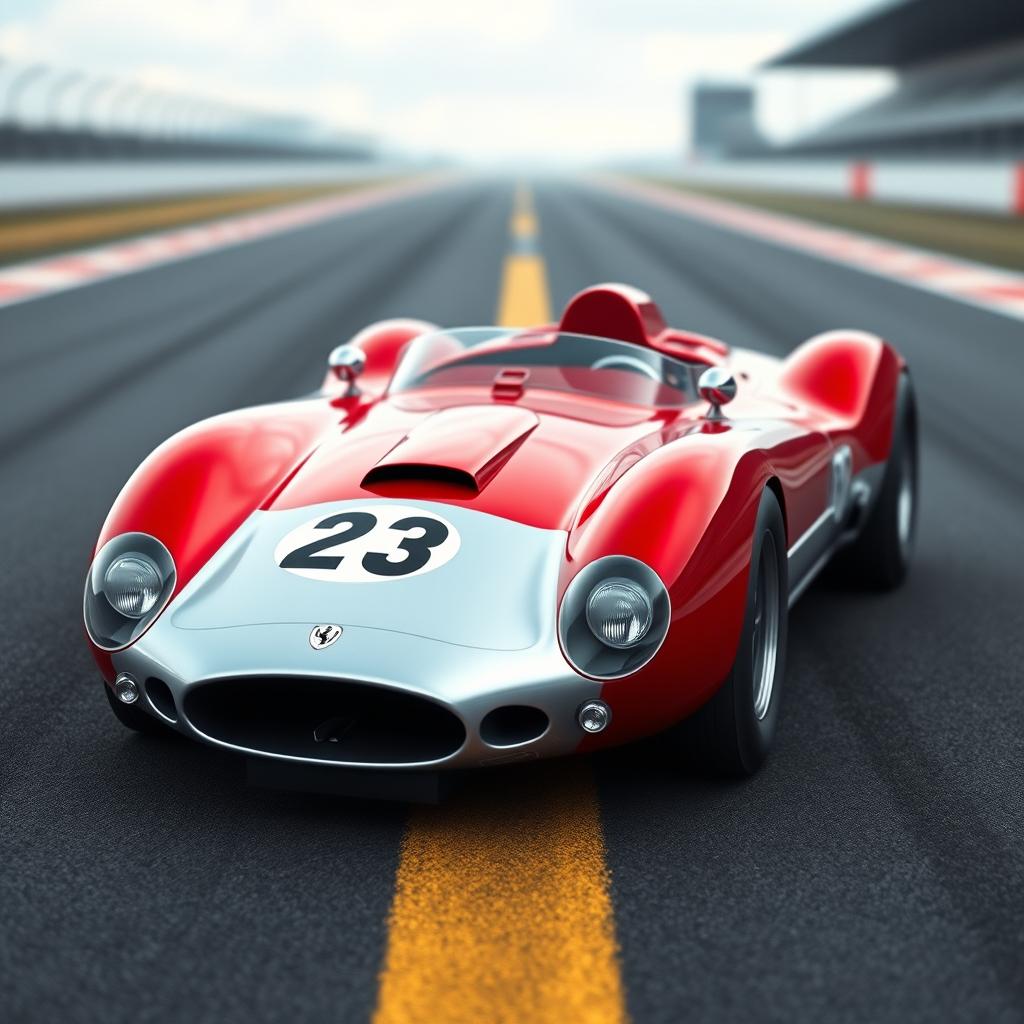 A stunning hybrid race car design merging the classic features of a 1955 Maserati 200SI with the sleek elements of a Ferrari 860