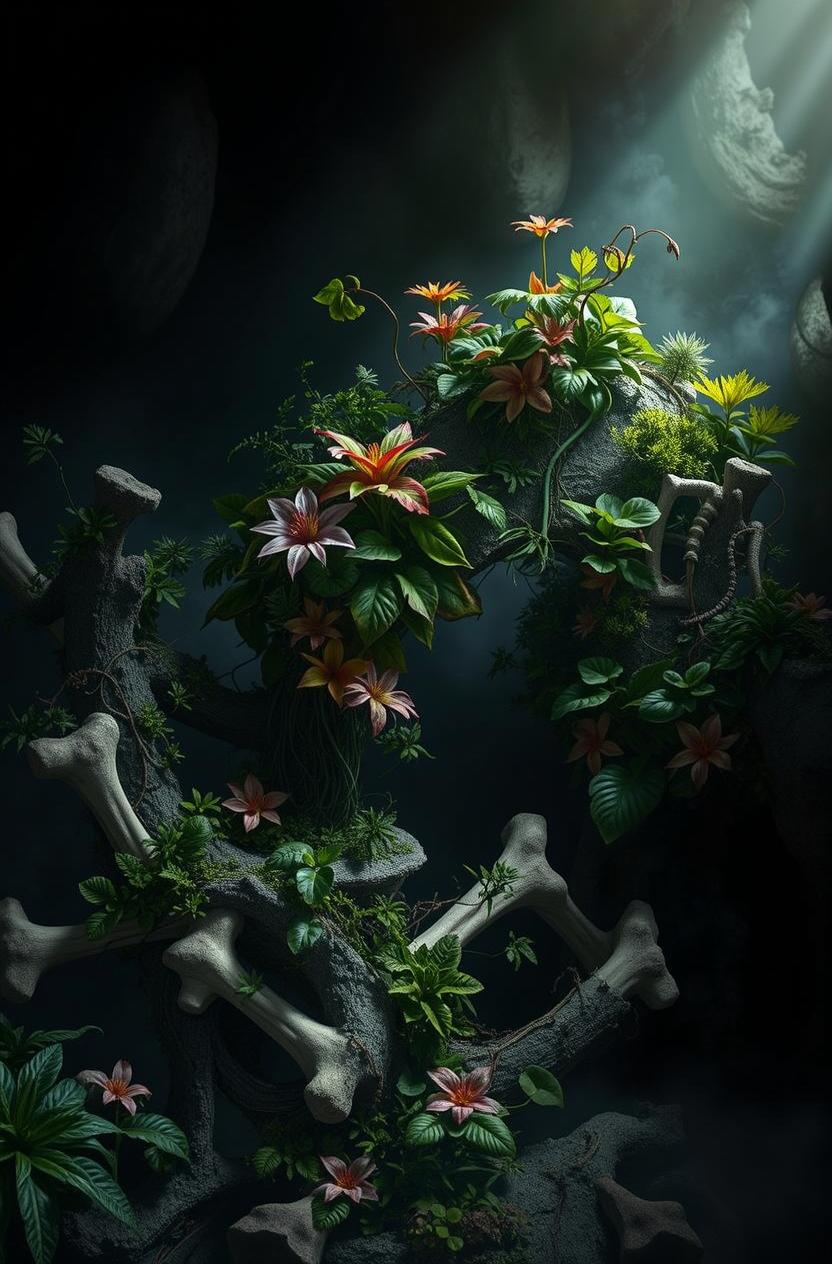 A captivating digital artwork blending vibrant plants with deteriorating bones in a dark setting